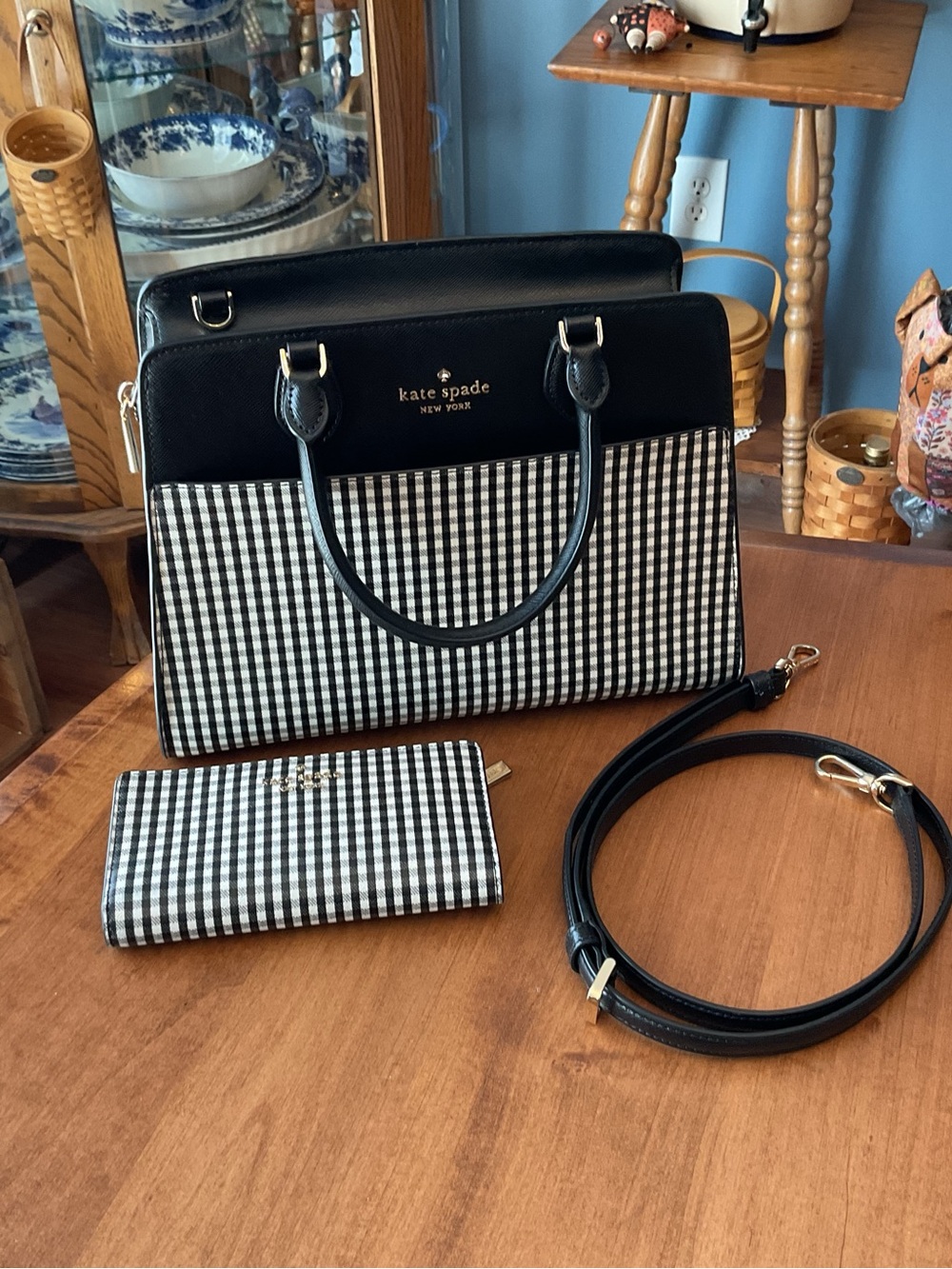 Kate Spade Black and White Gingham Satchel with Matching Wallet Set
